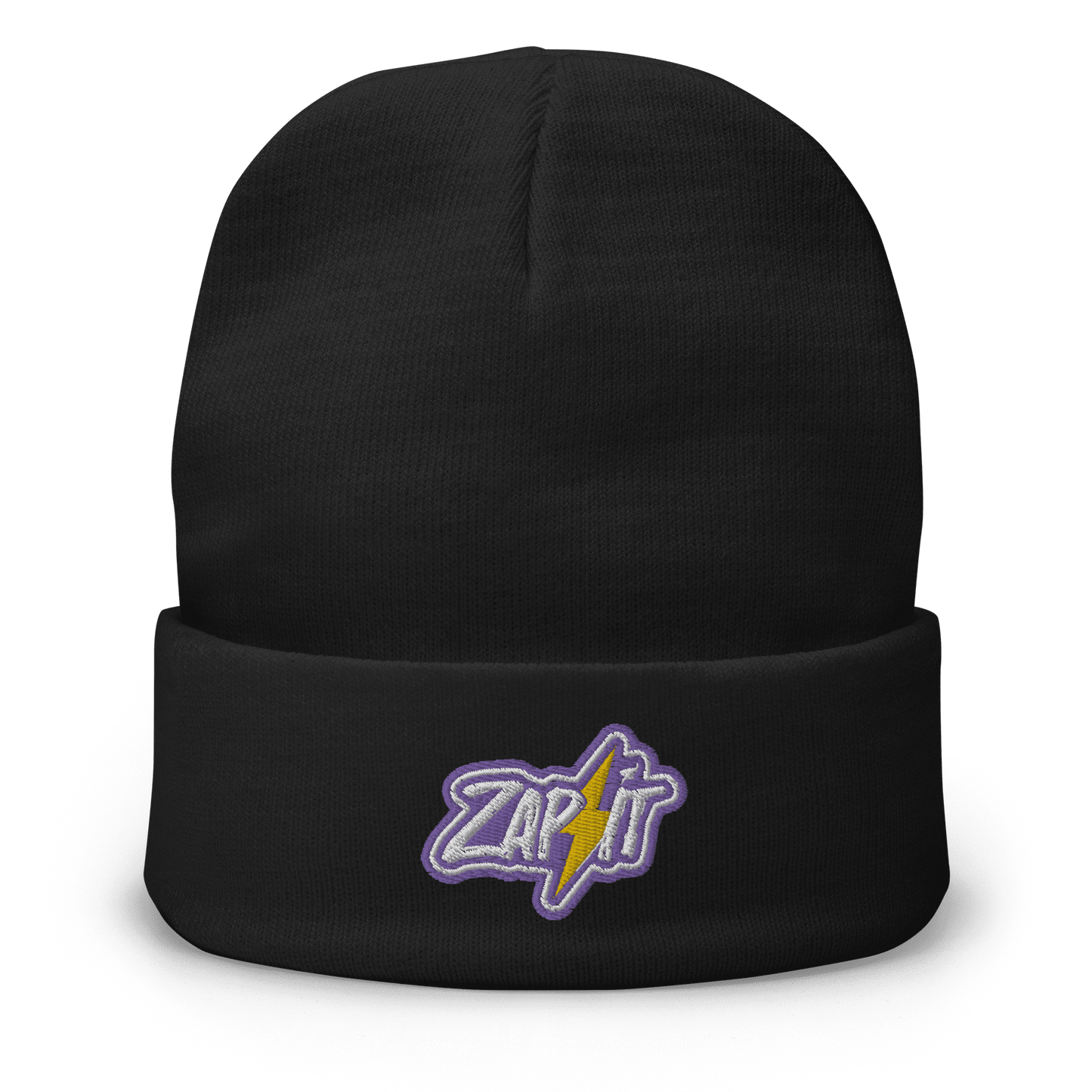 Front view of a black nostr beanie.