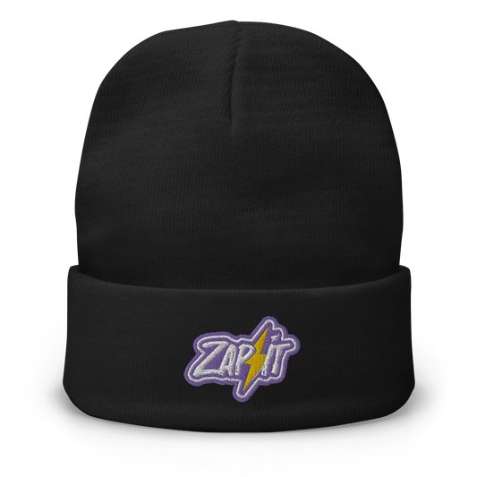 Front view of a black nostr beanie.