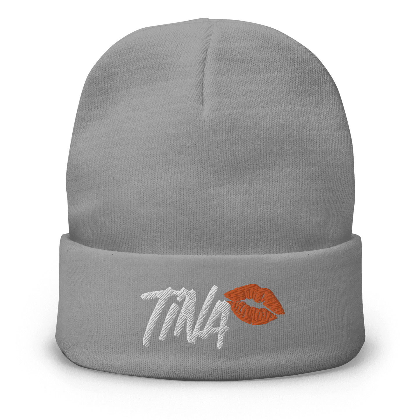 Front view of a grey bitcoin beanie.