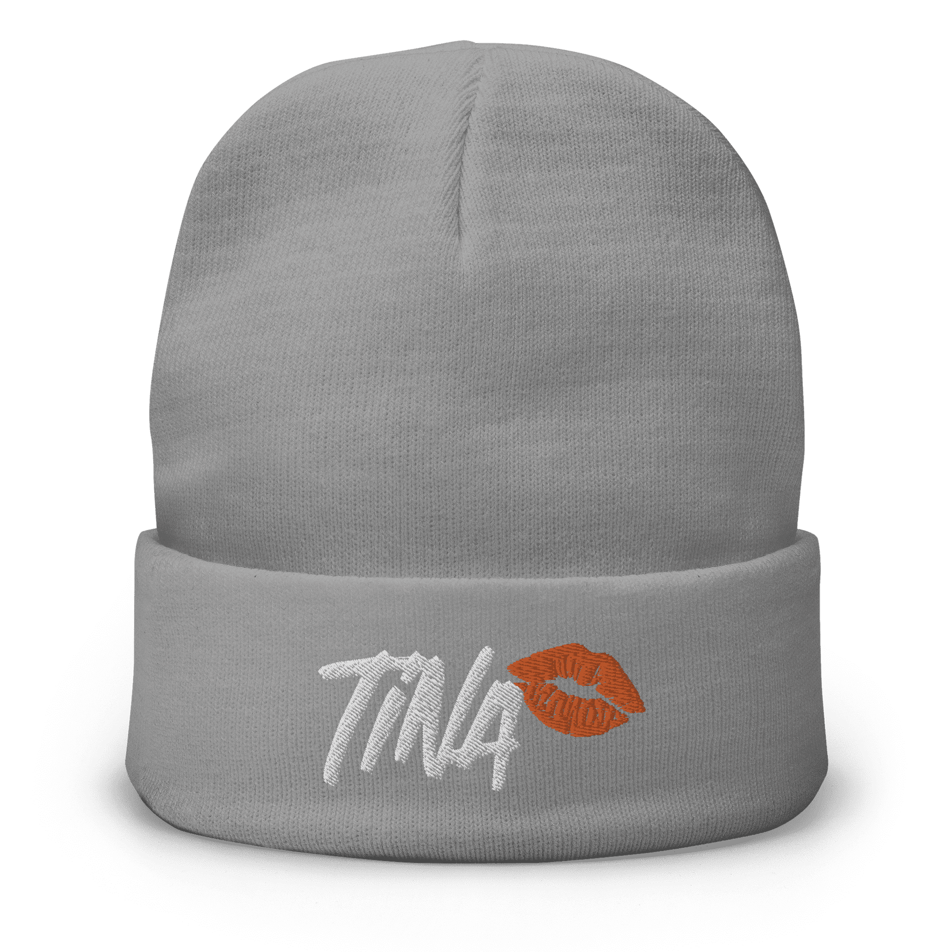 Front view of a grey bitcoin beanie.