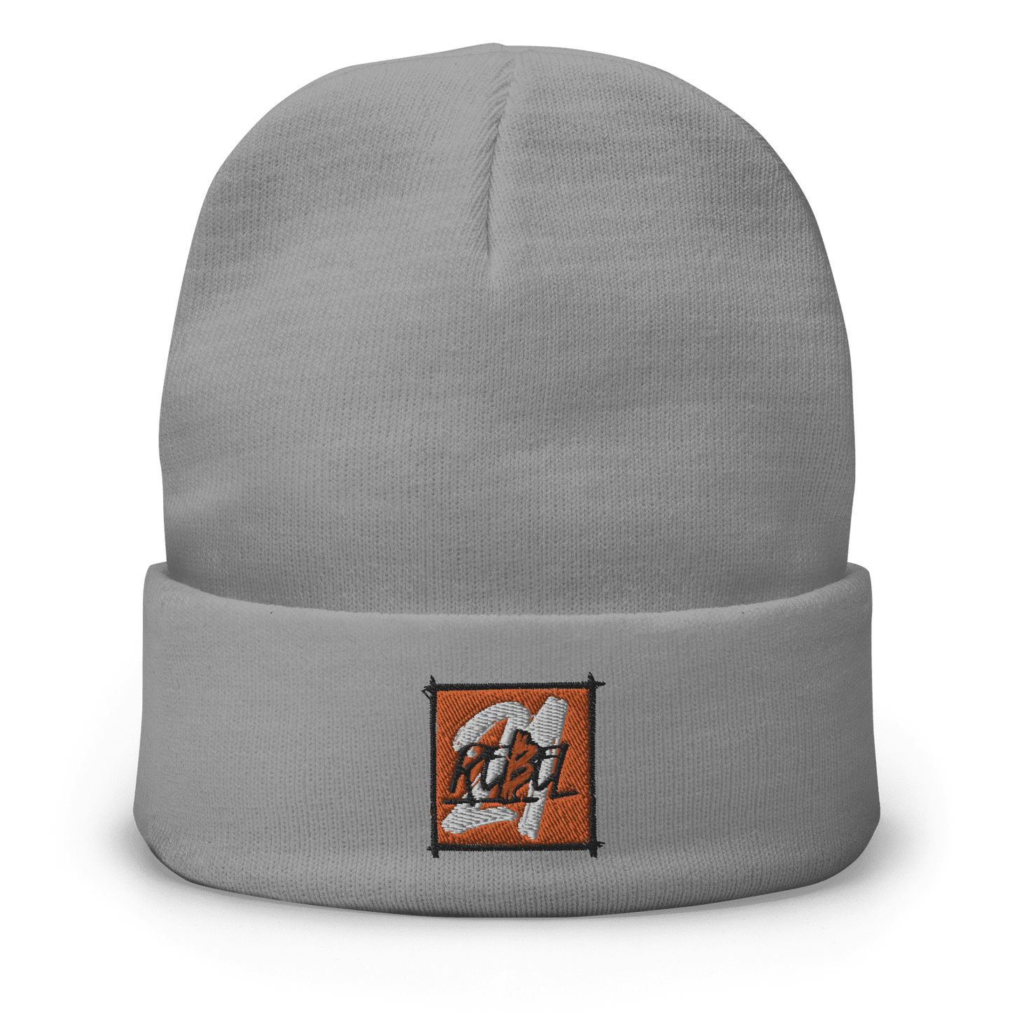 Front view of a grey bitcoin beanie.