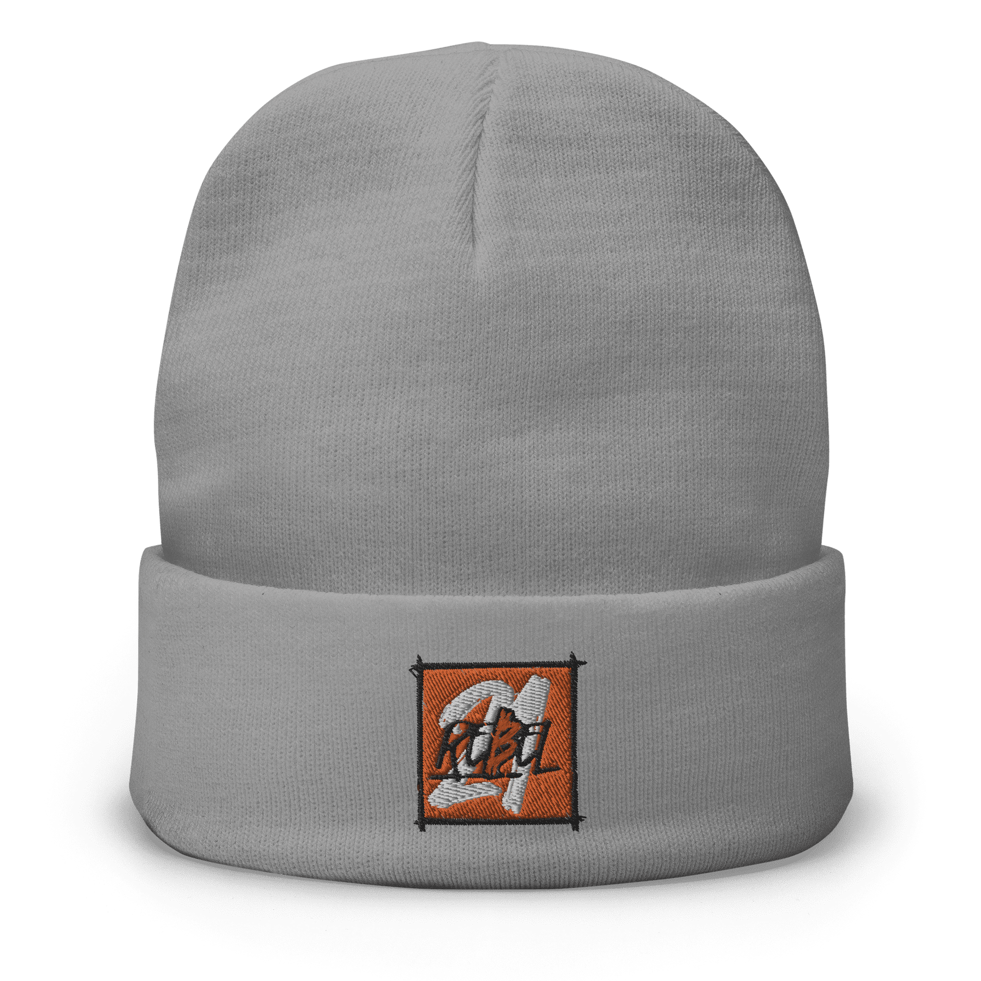 Front view of a grey bitcoin beanie.