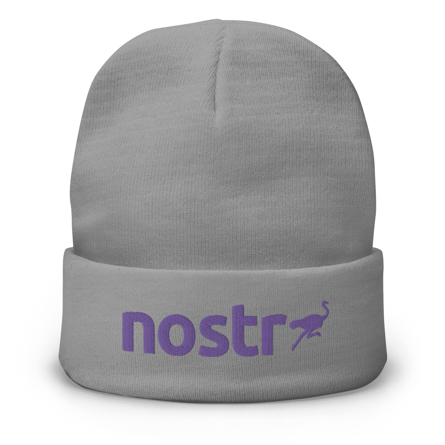 Front view of a grey nostr beanie.