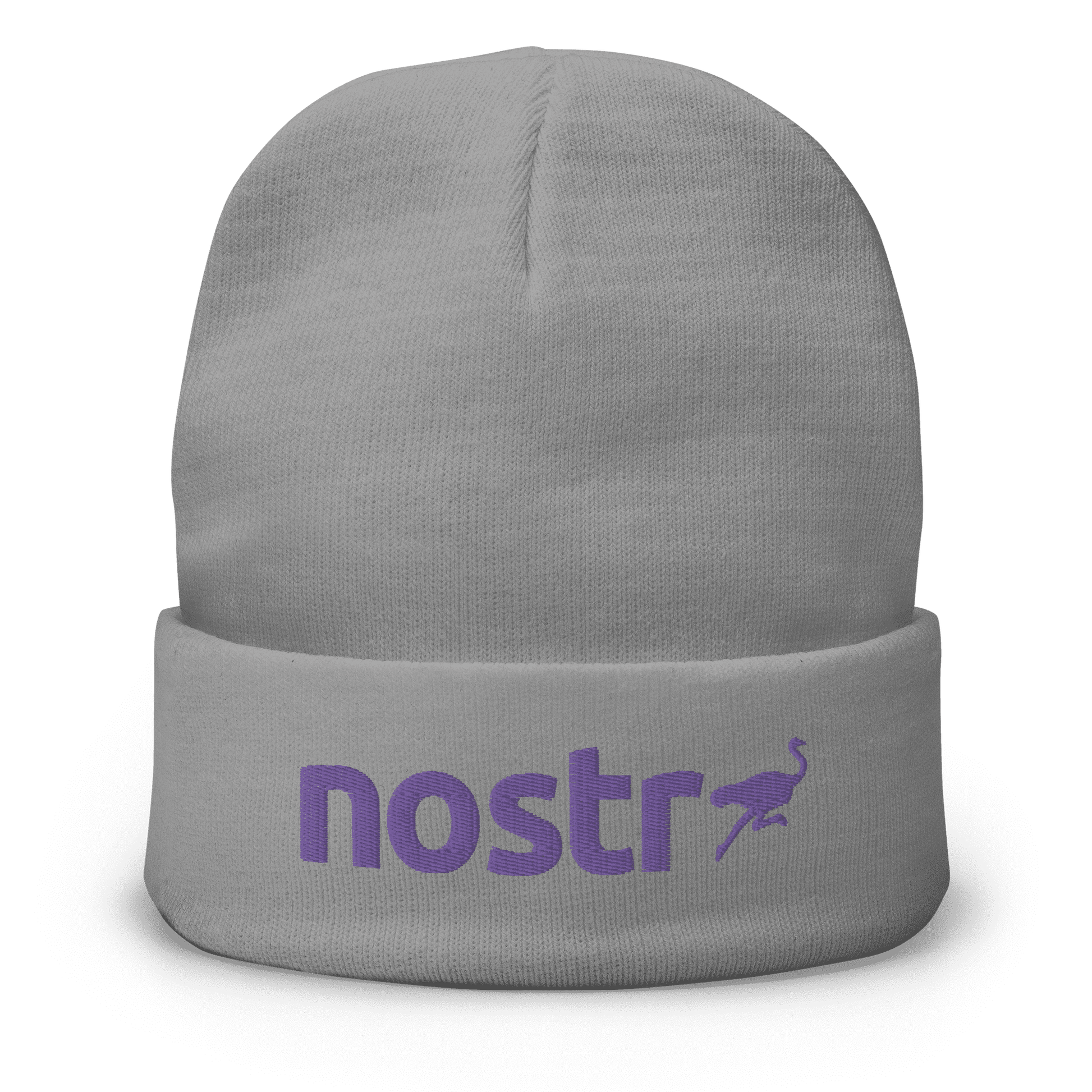 Front view of a grey nostr beanie.