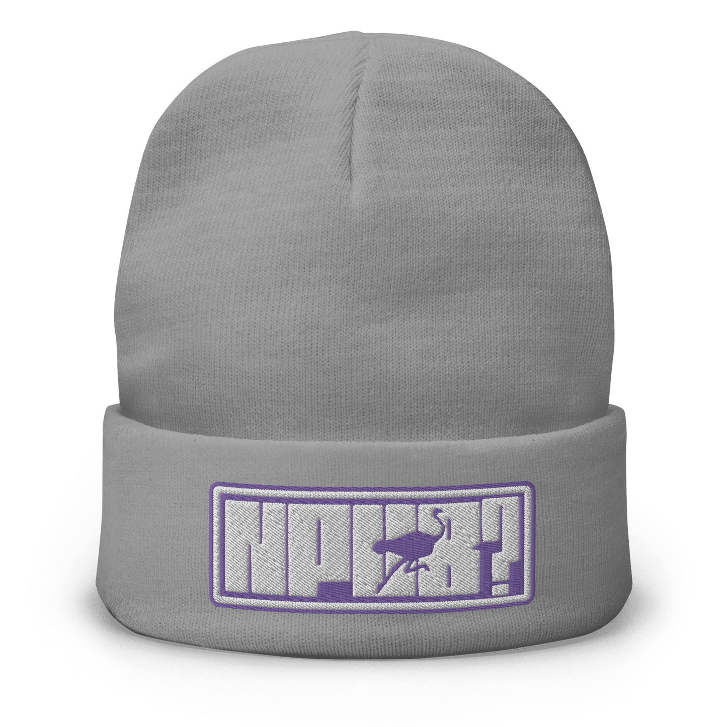 Front view of a grey nostr beanie.