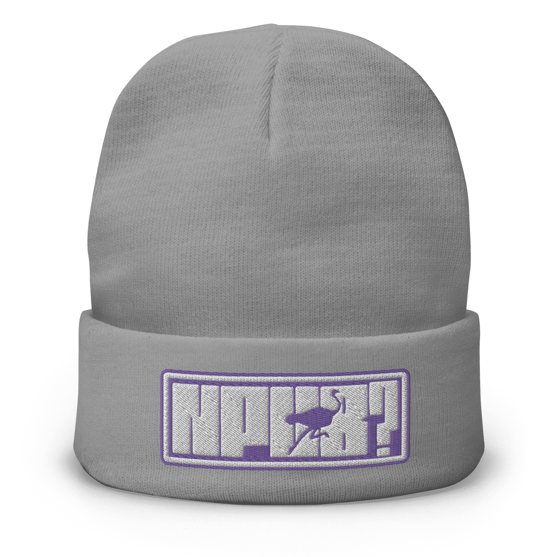 Front view of a grey nostr beanie.