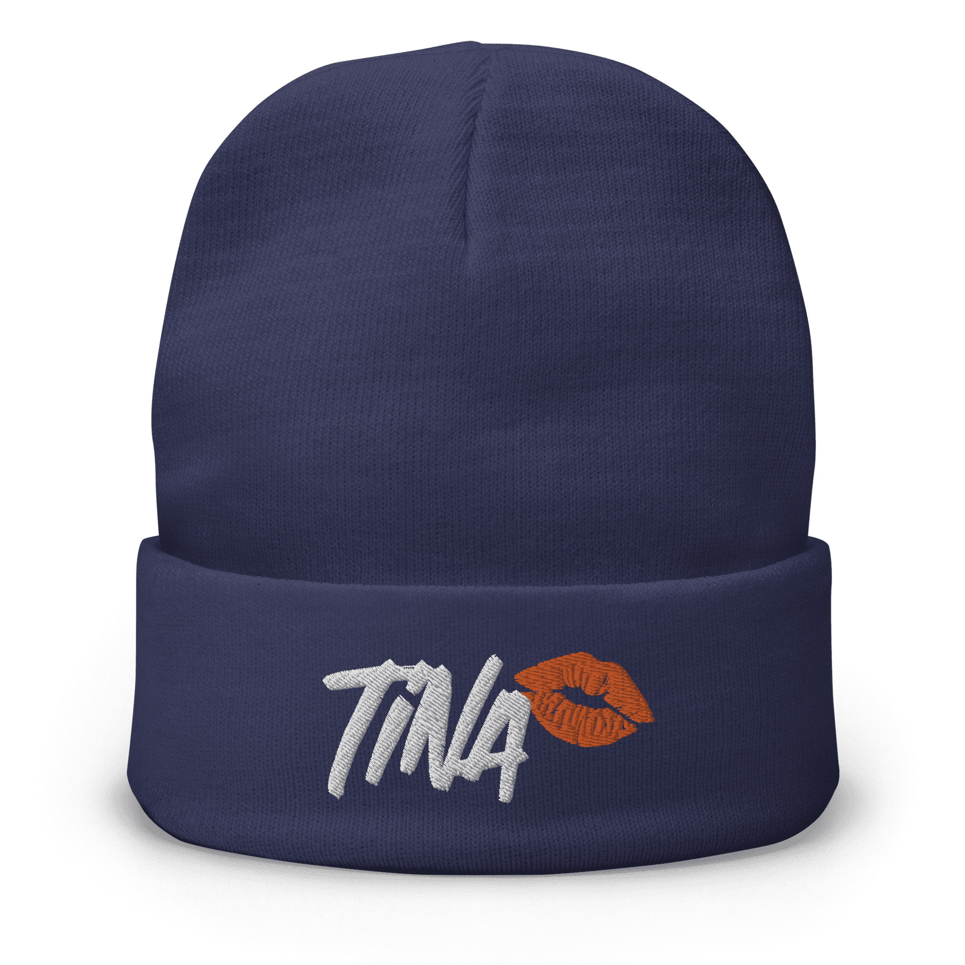 Front view of a navy colored bitcoin beanie.