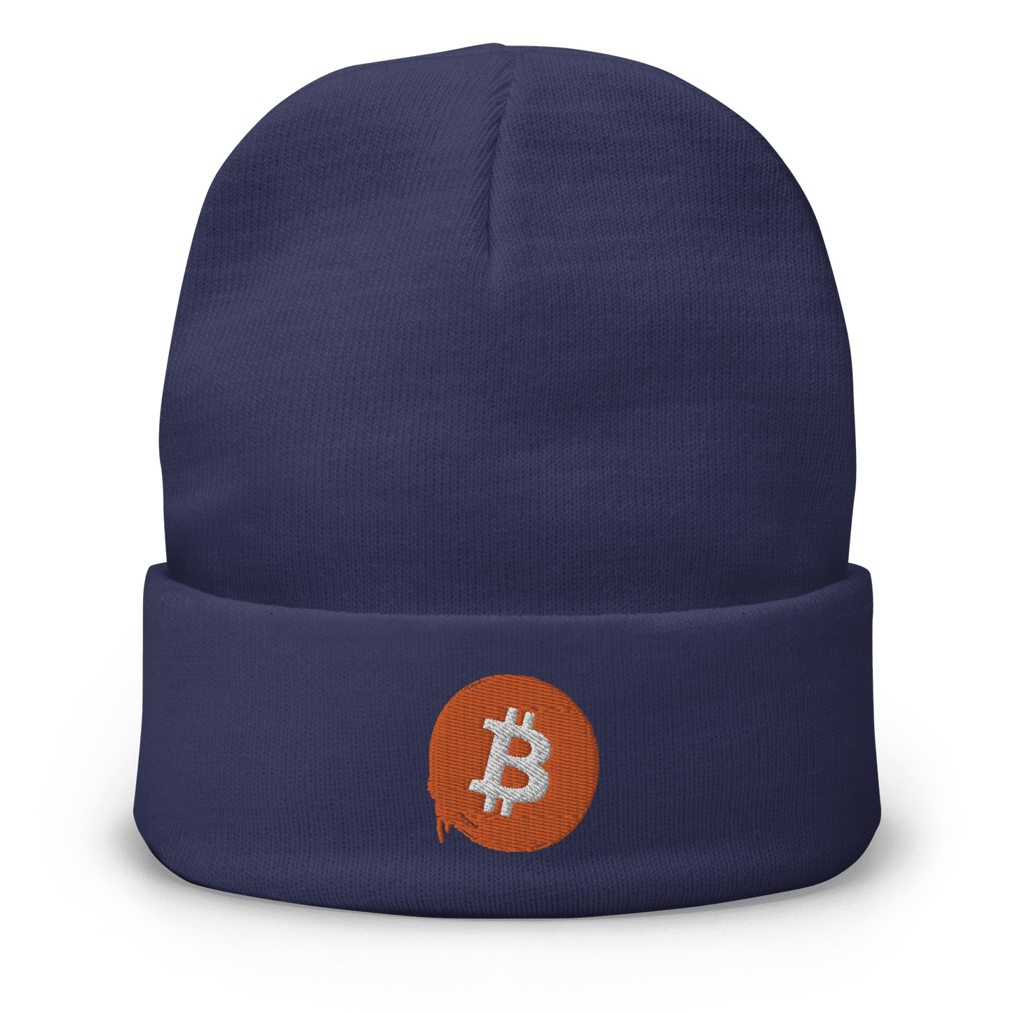 Front view of a navy colored bitcoin beanie.