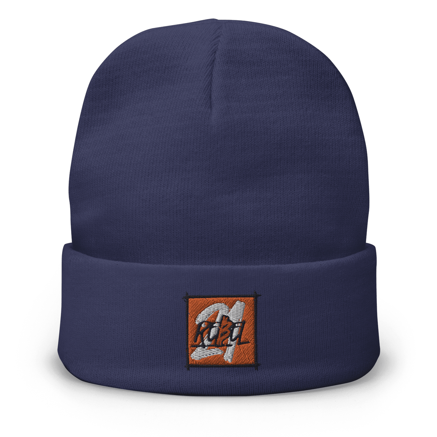 Front view of a navy colored bitcoin beanie.