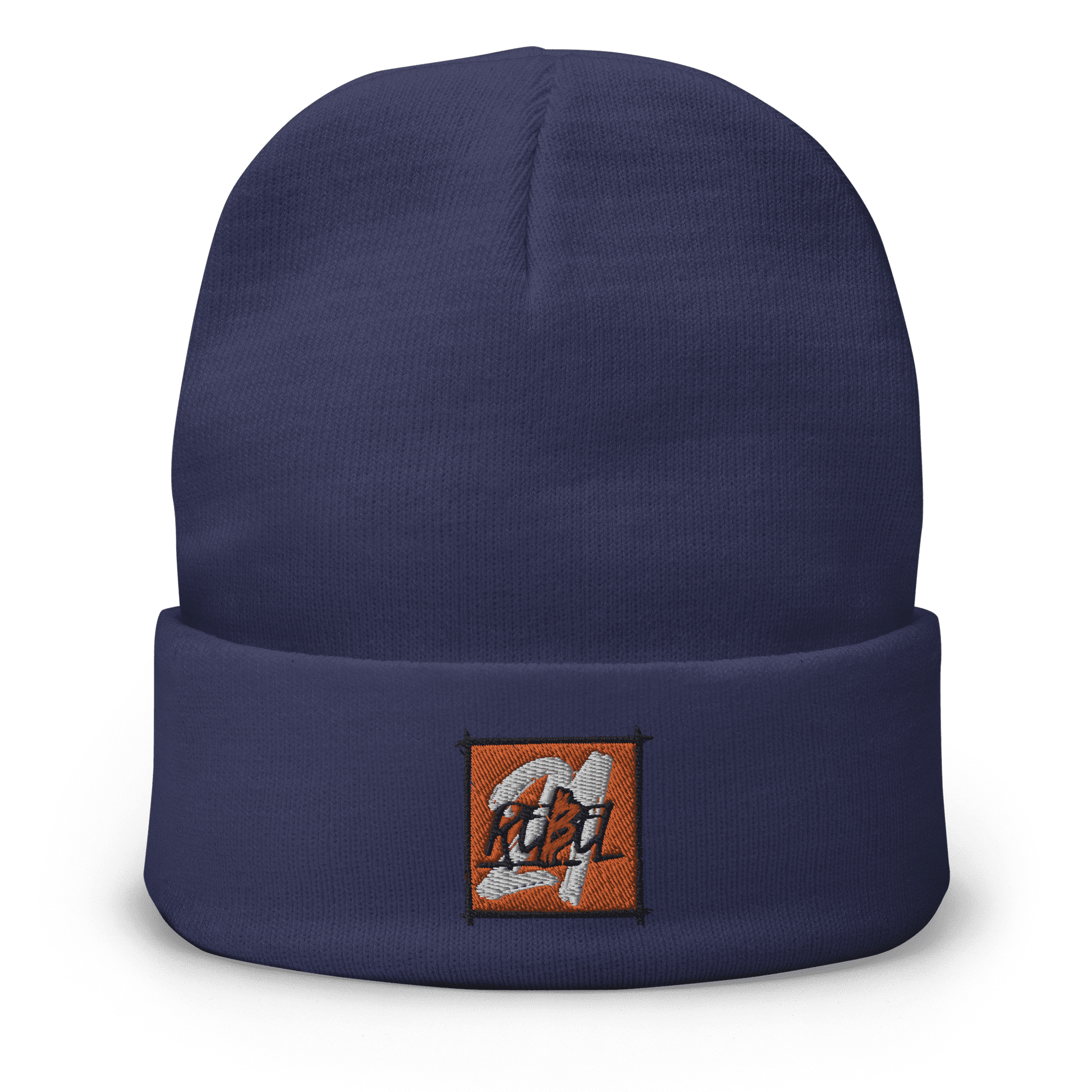 Front view of a navy colored bitcoin beanie.
