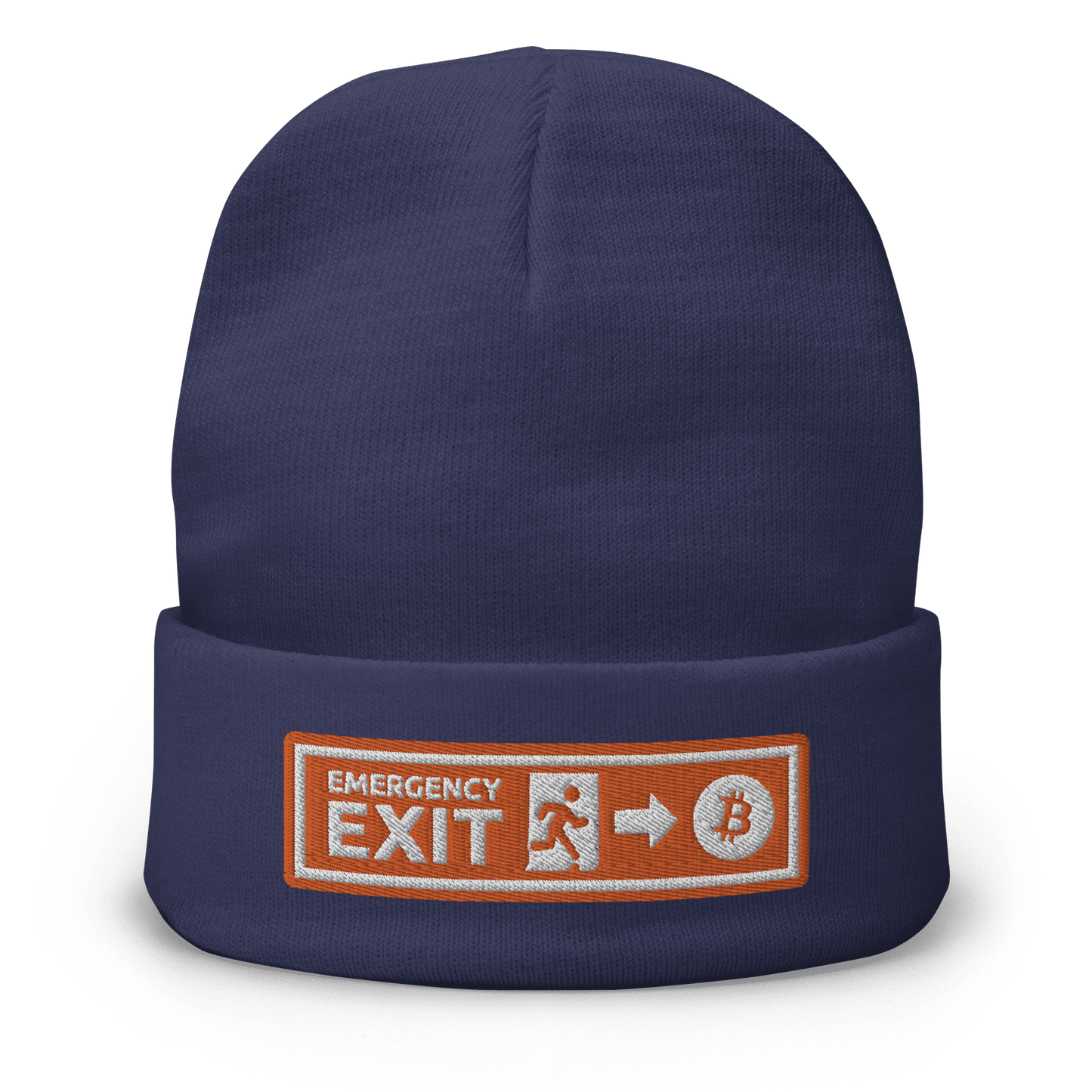 Front view of a navy colored bitcoin beanie.
