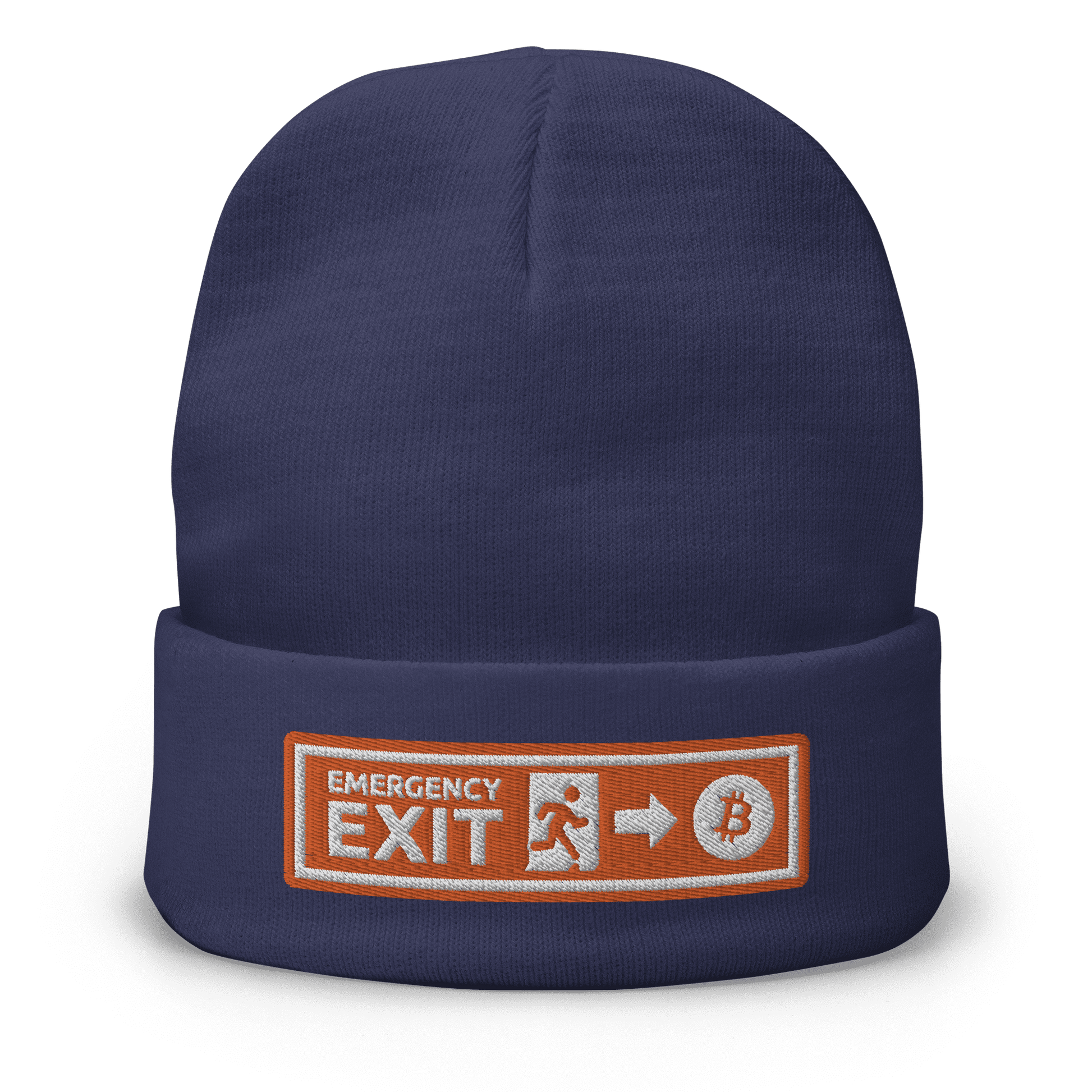 Front view of a navy colored bitcoin beanie.
