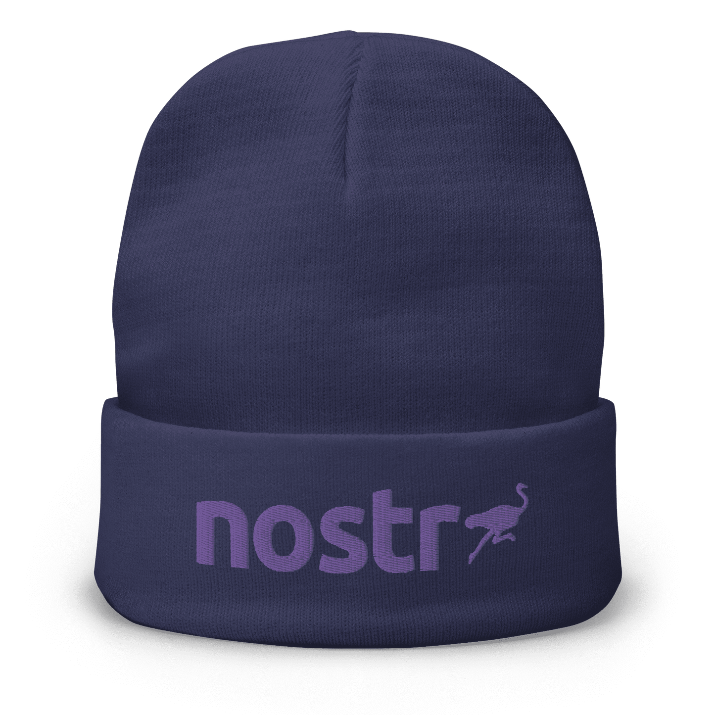 Front view of a navy colored nostr beanie.