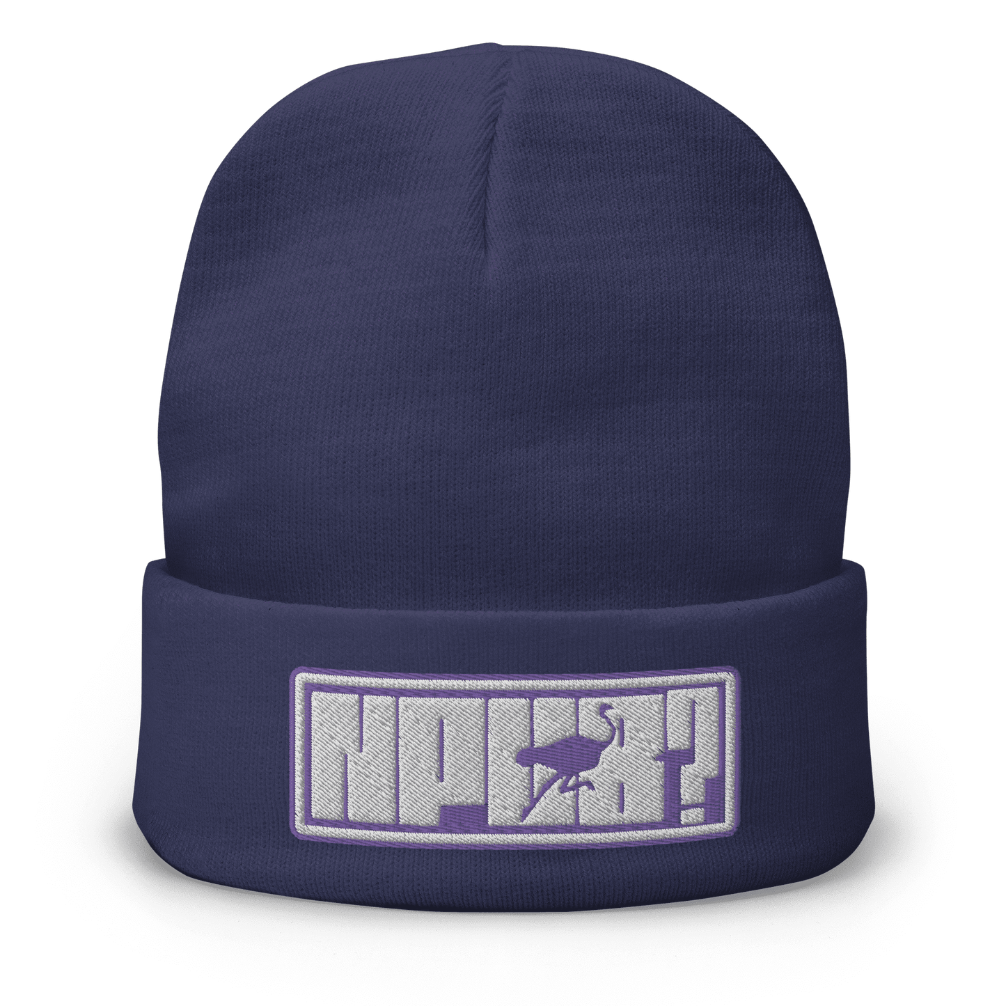 Front view of a navy colored nostr beanie.