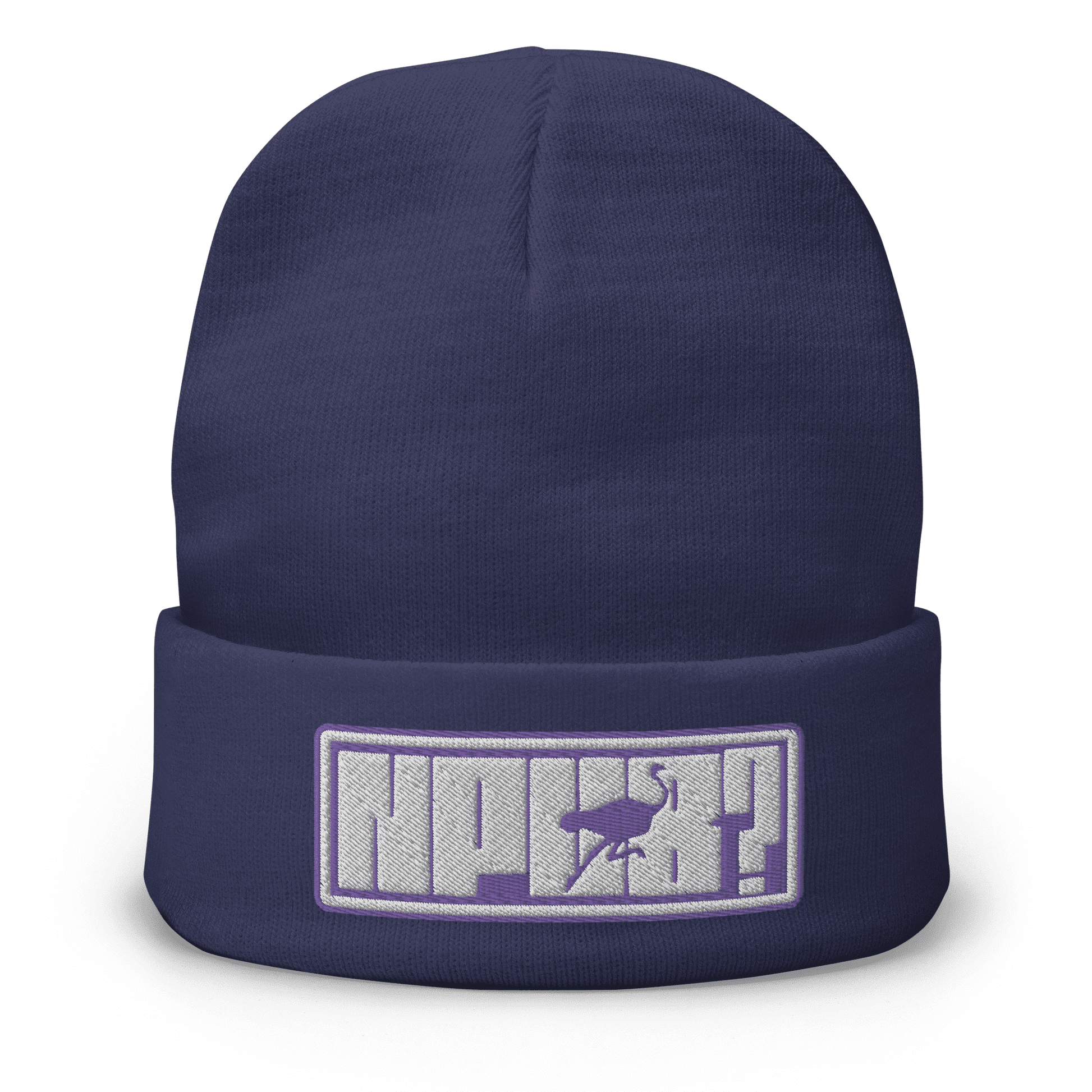 Front view of a navy colored nostr beanie.