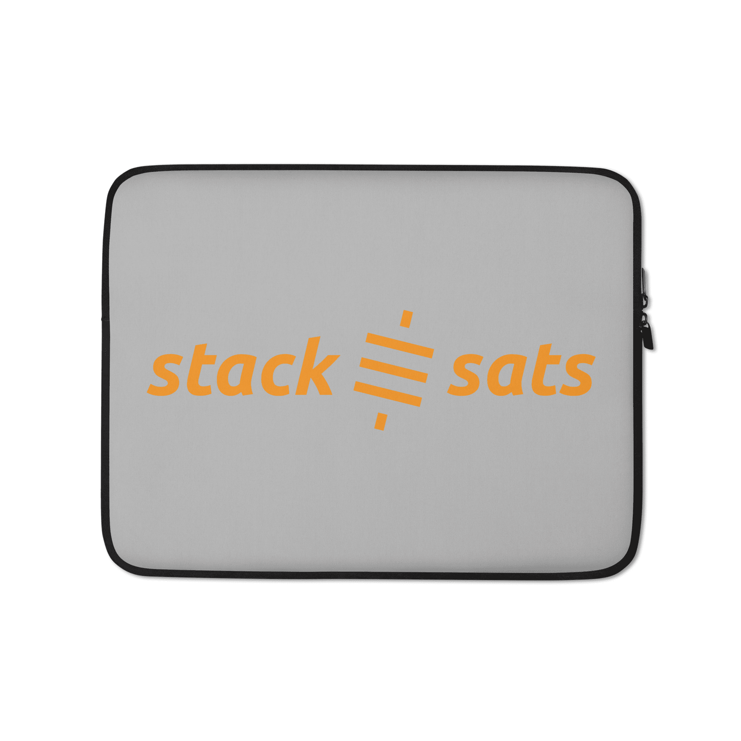 Front view of a grey 13 inch bitcoin laptop sleeve.
