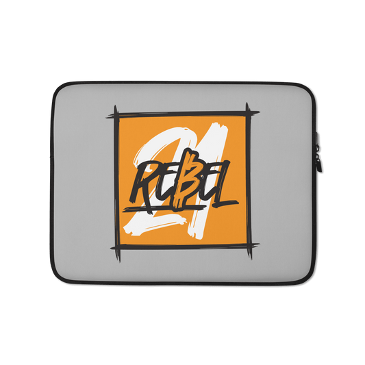 Front view of a grey 13 inch bitcoin laptop sleeve.