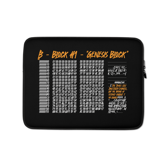 Front view of a black 13 inch bitcoin laptop sleeve.
