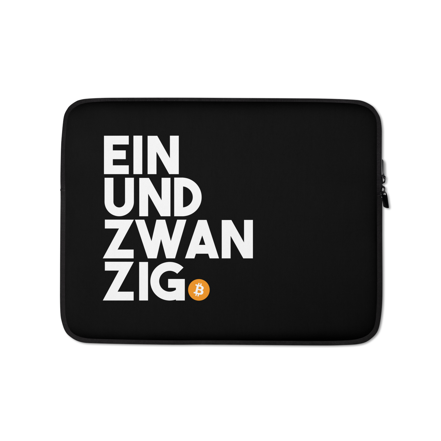 Front view of a black 13 inch bitcoin laptop sleeve.