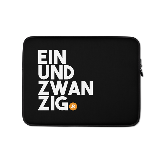 Front view of a black 13 inch bitcoin laptop sleeve.