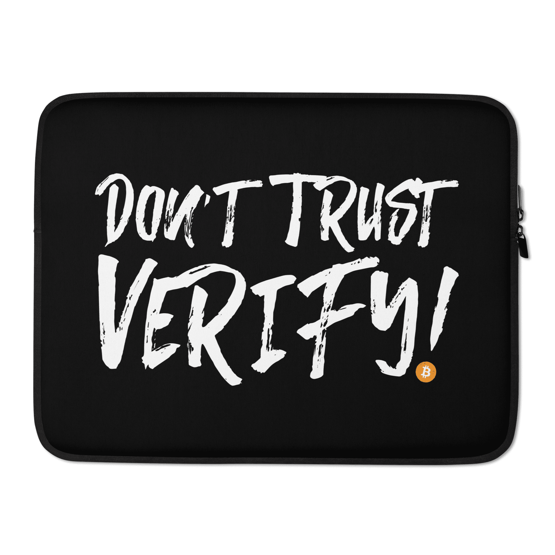 Front view of a black 15 inch bitcoin laptop sleeve.