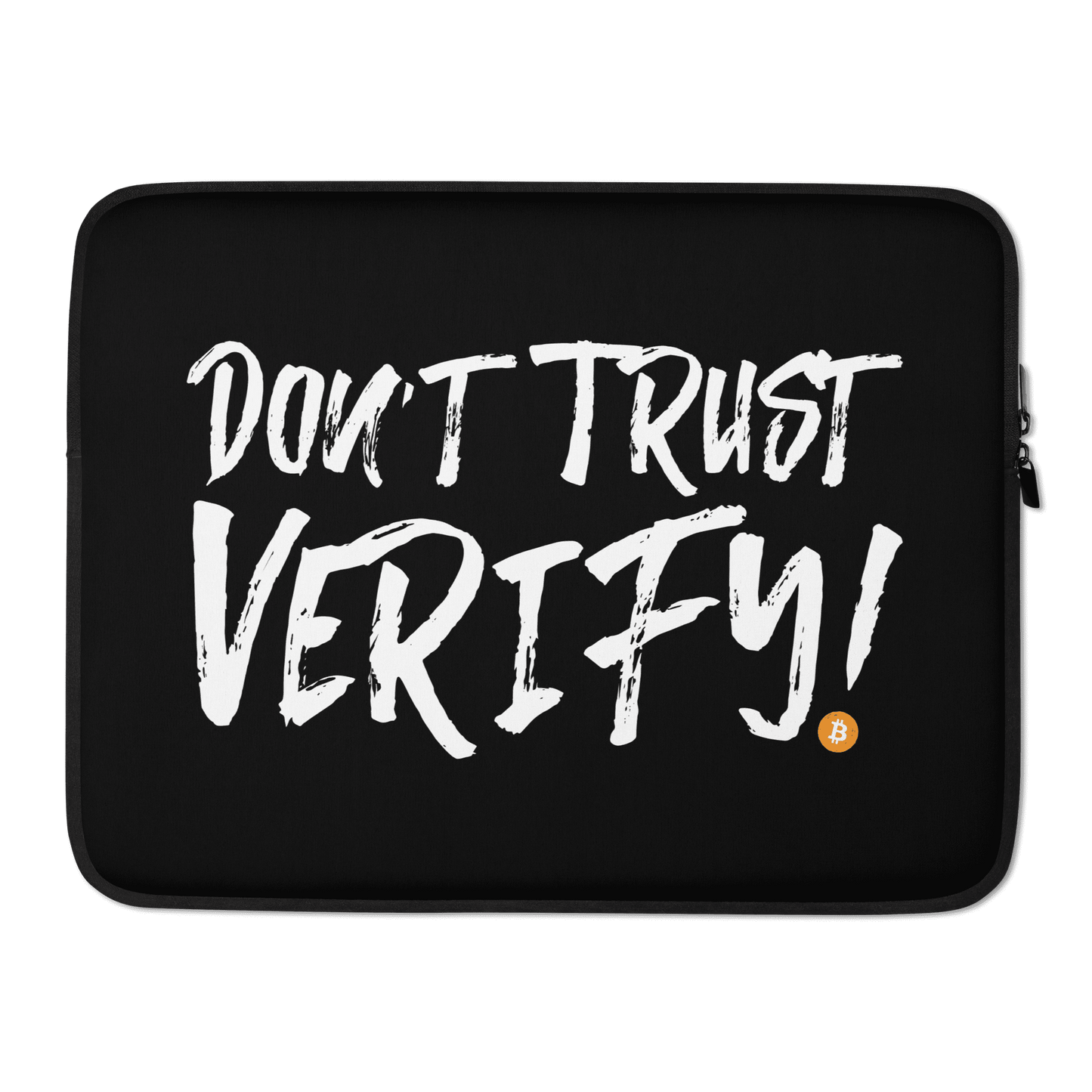 Front view of a black 15 inch bitcoin laptop sleeve.