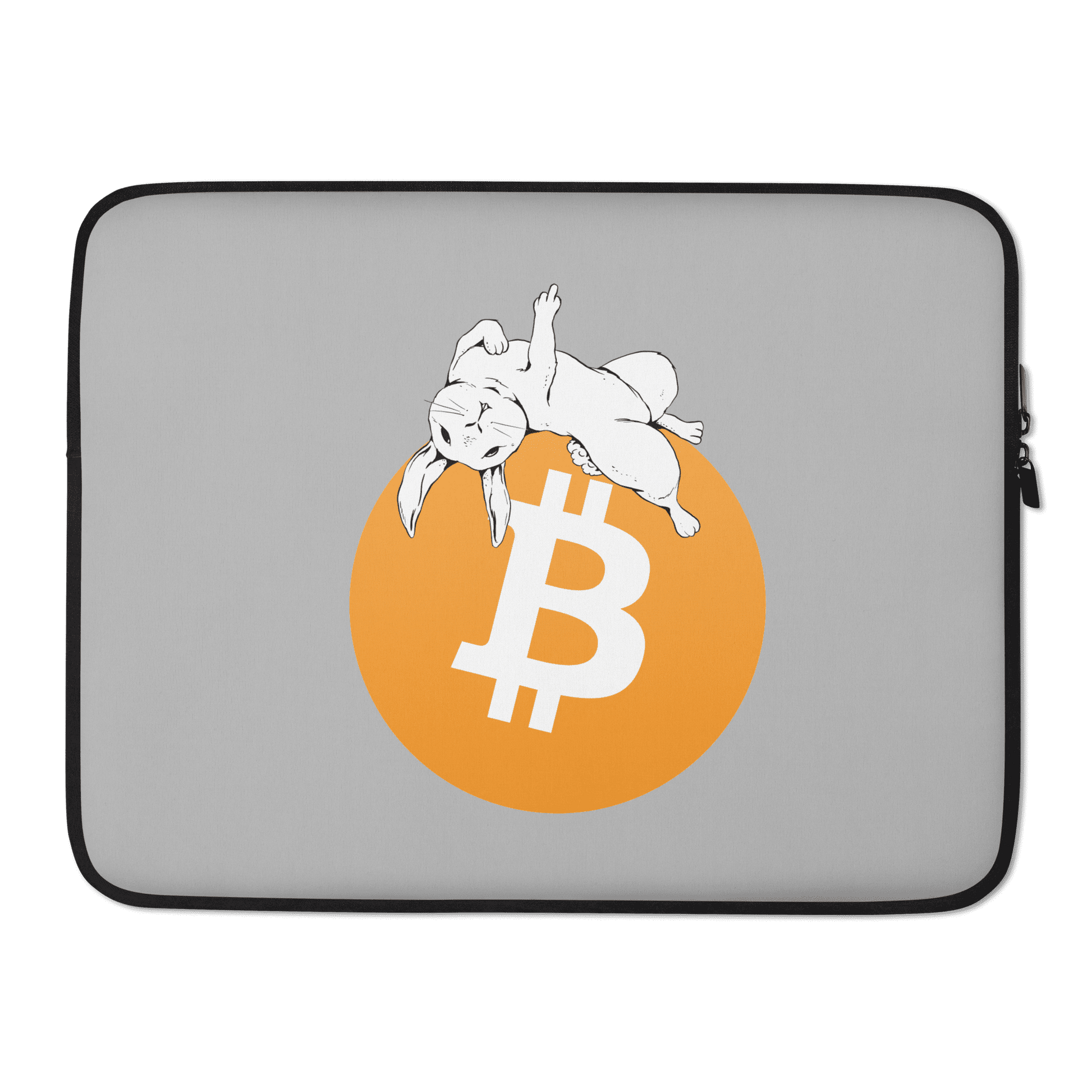 Front view of a grey 15 inch bitcoin laptop sleeve.