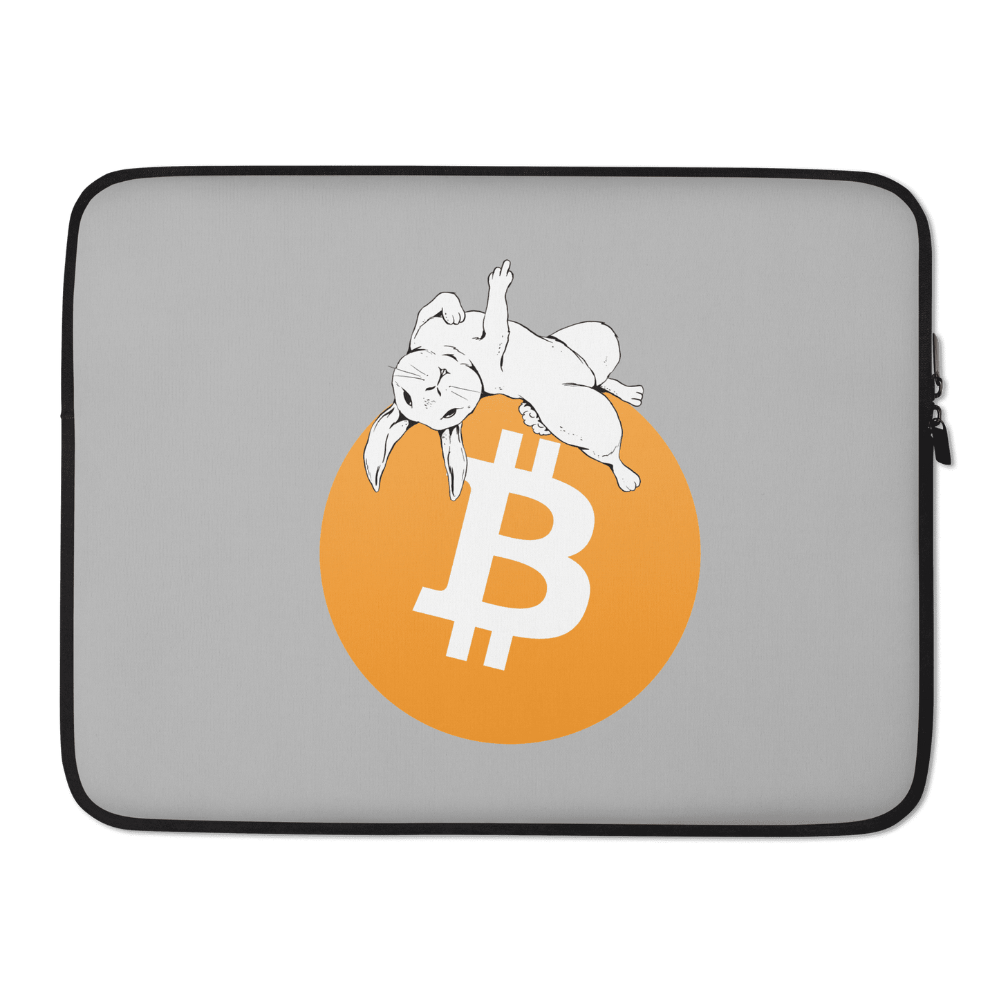 Front view of a grey 15 inch bitcoin laptop sleeve.