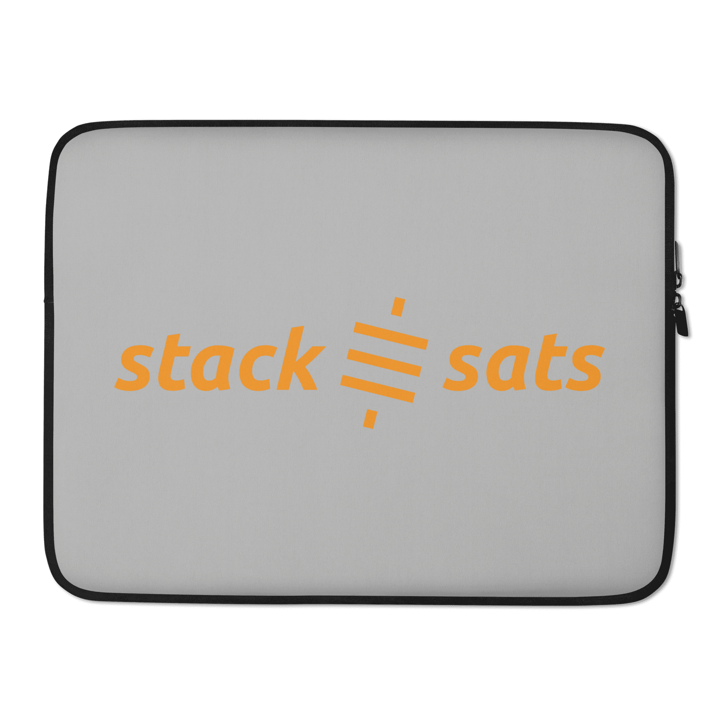 Front view of a grey 15 inch bitcoin laptop sleeve.