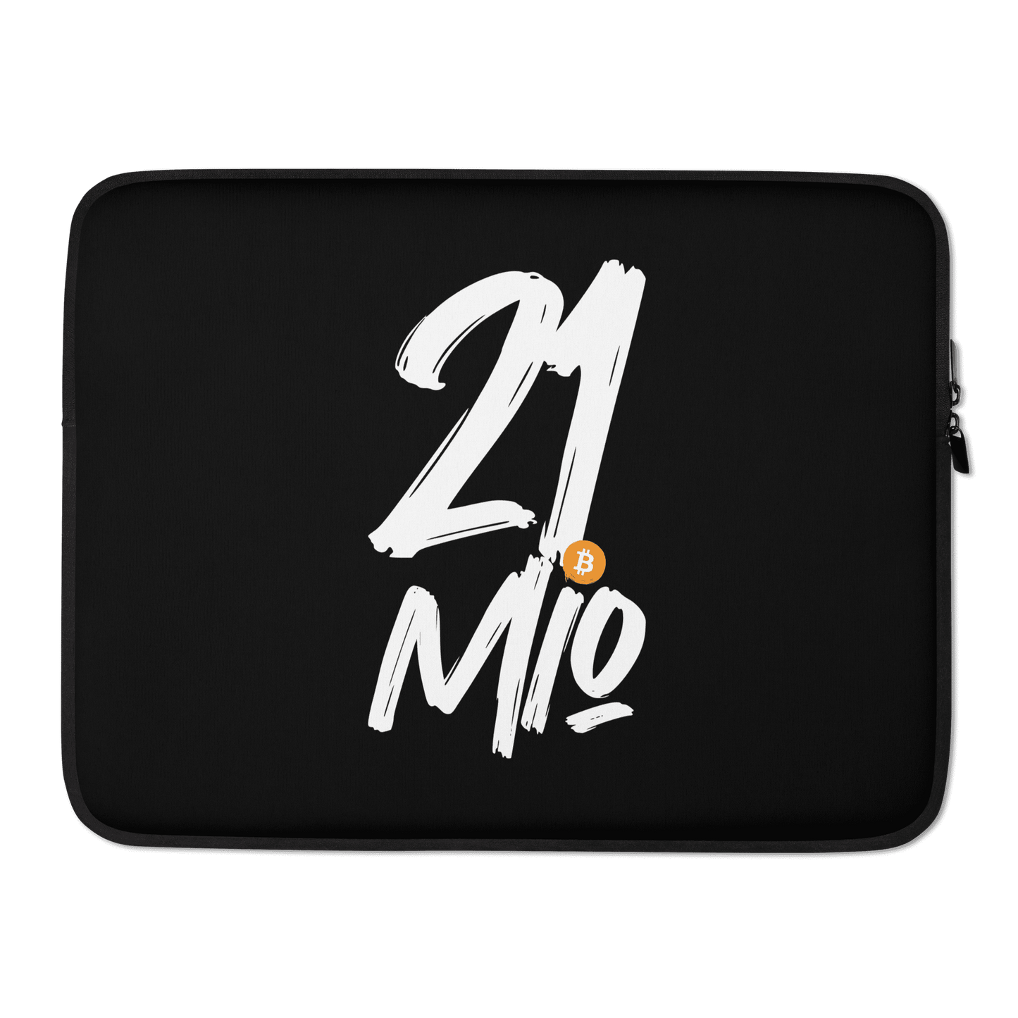 Front view of a black 15 inch bitcoin laptop sleeve.