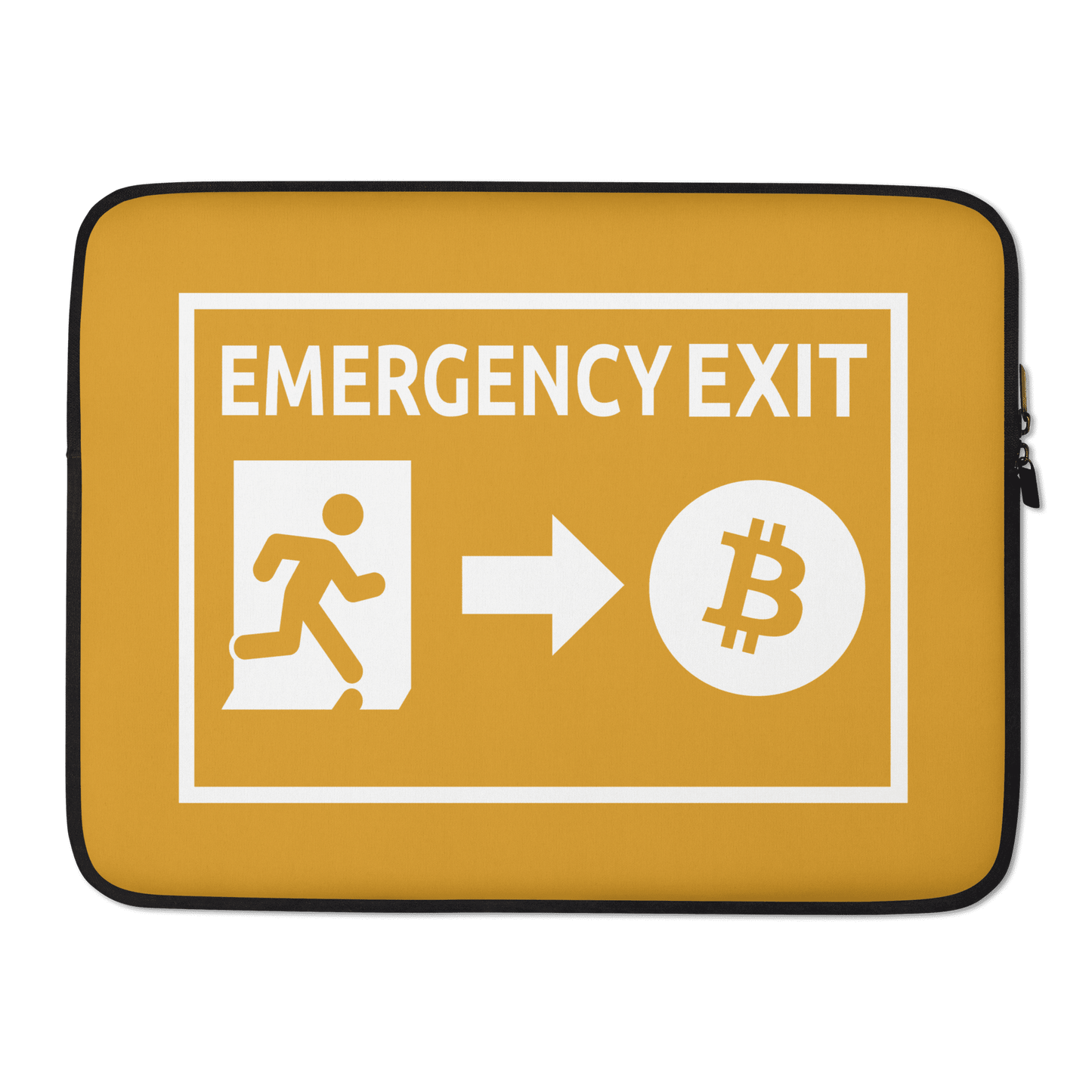 Front view of a orange 15 inch bitcoin laptop sleeve.