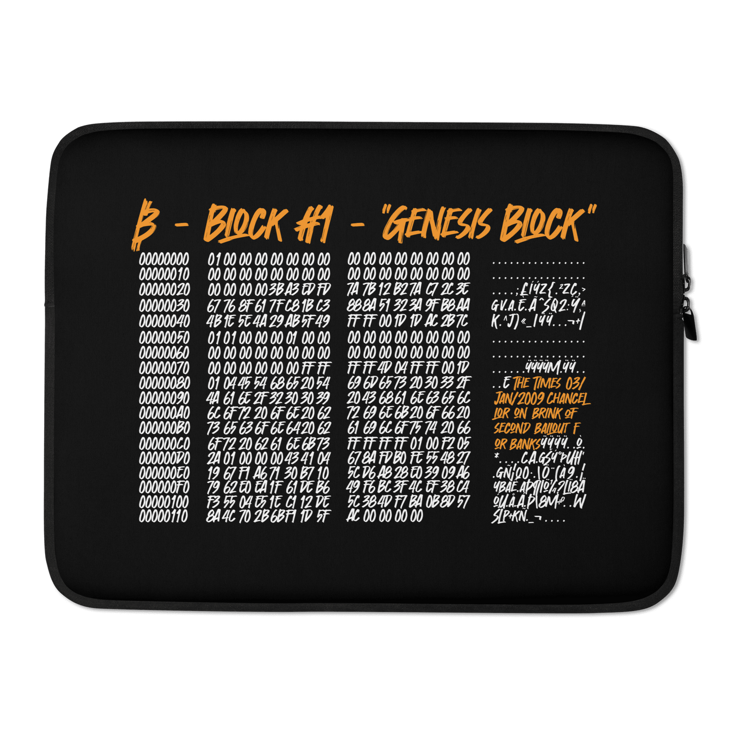 Bitcoin laptop sleeve featuring Genesis block design, neoprene material, padded zipper, and faux fur interior lining.