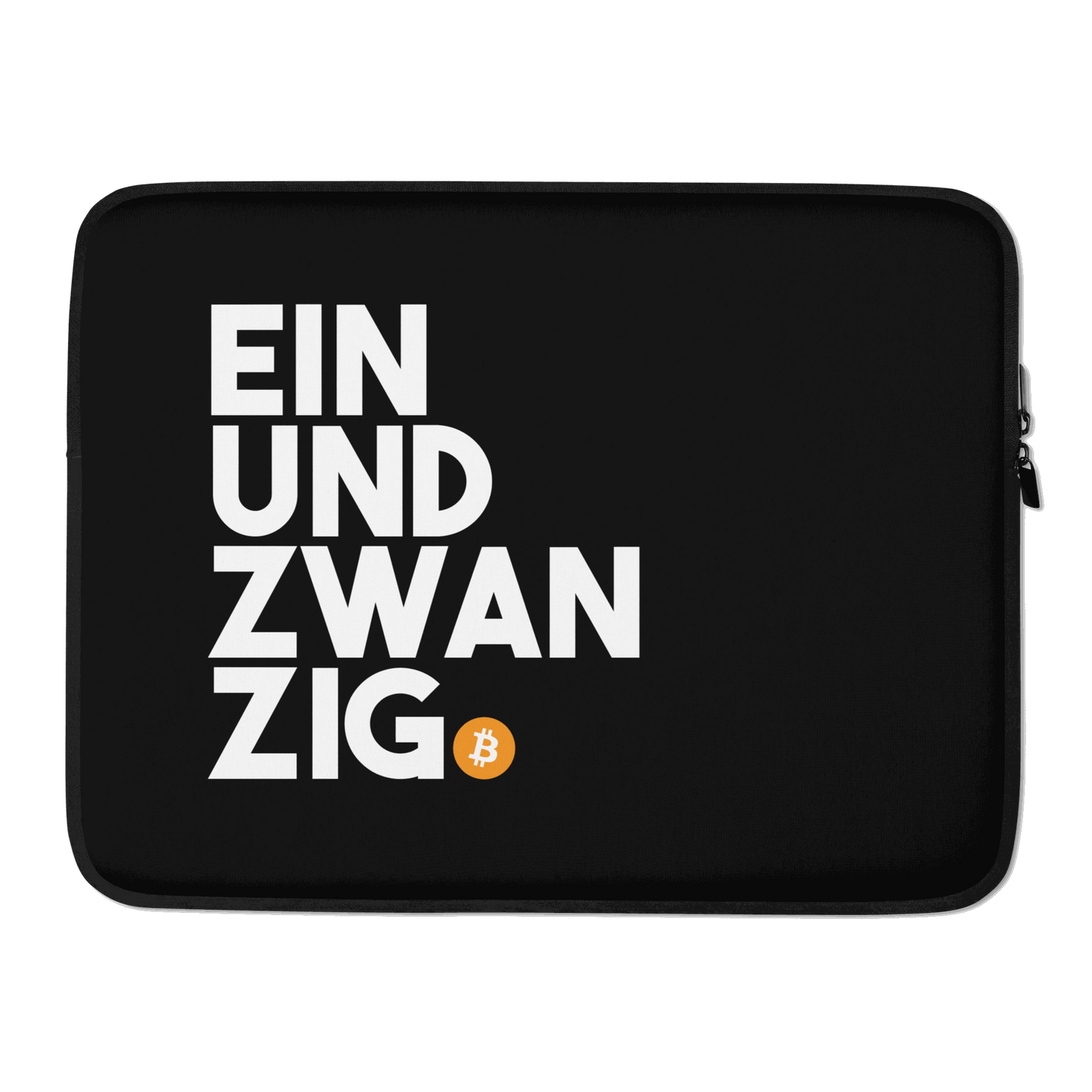 Front view of a black 15 inch bitcoin laptop sleeve.