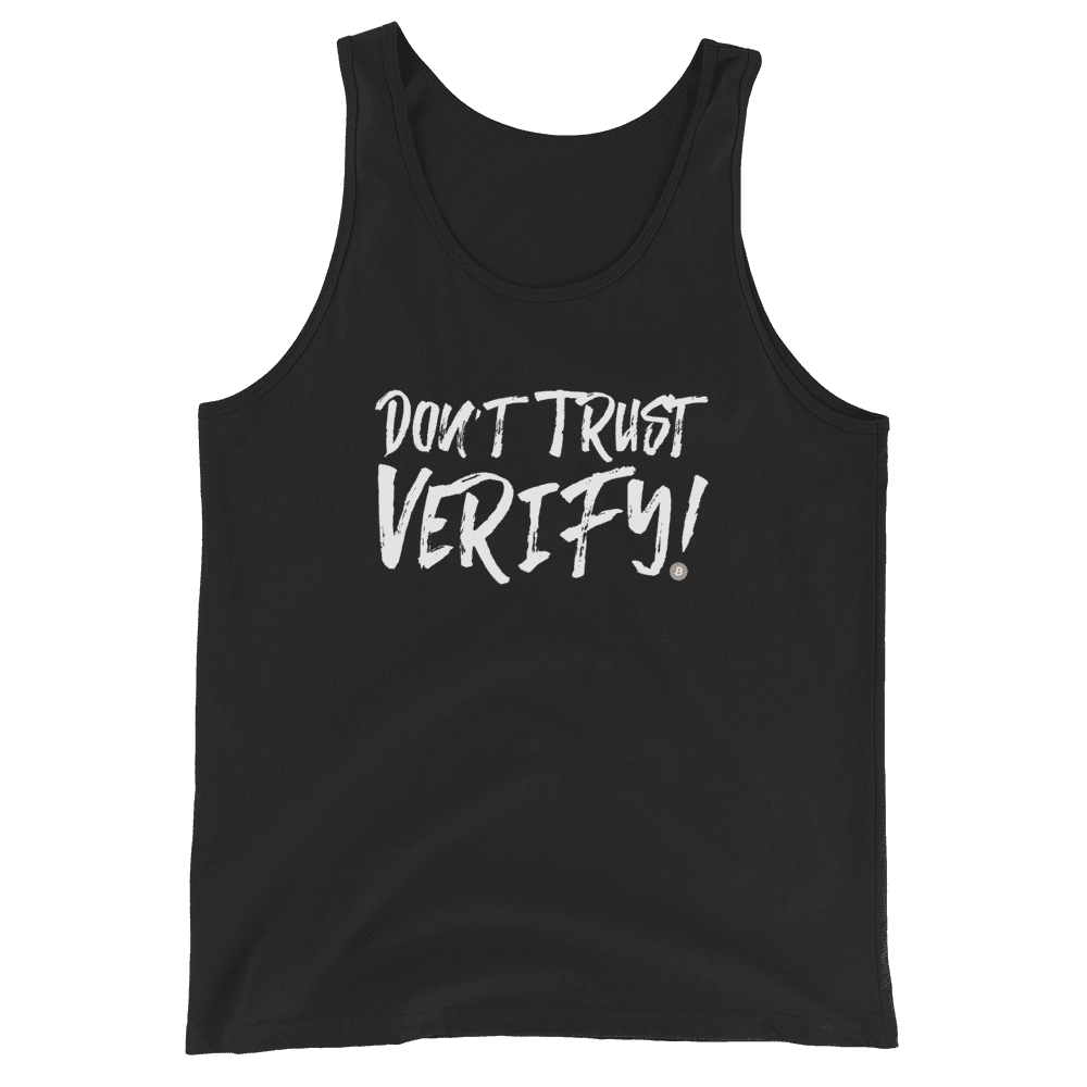 Front view of a black bitcoin tank top.