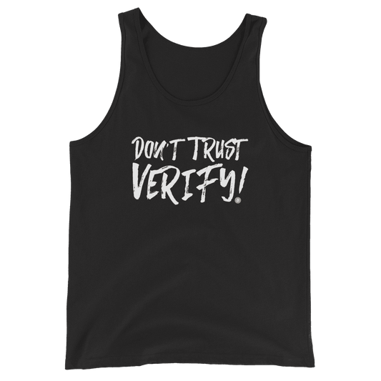 Front view of a black bitcoin tank top.