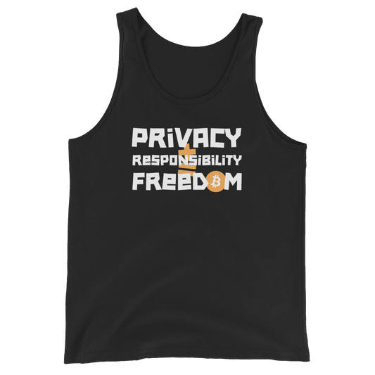 Front view of a black bitcoin tank top.