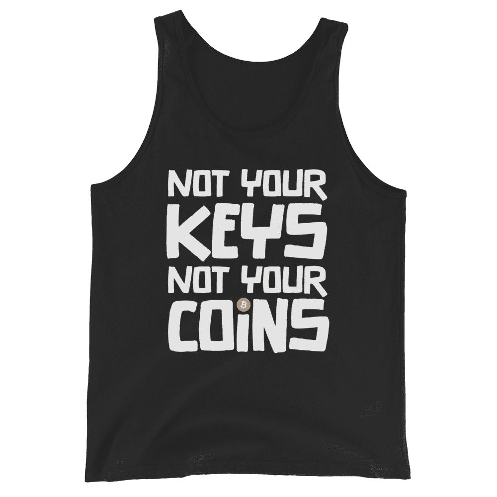 Front view of a black bitcoin tank top.