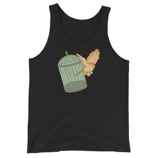 Front view of a black bitcoin tank top.