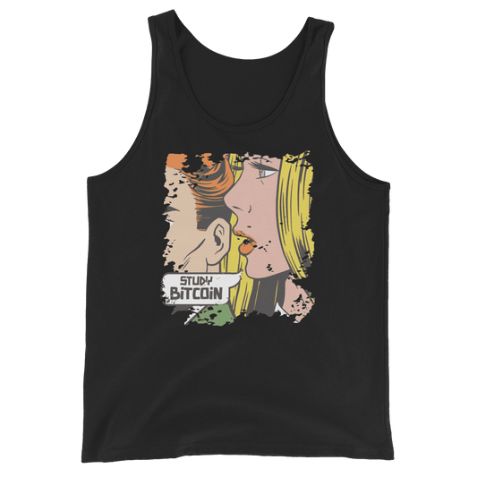 Front view of a black bitcoin tank top.