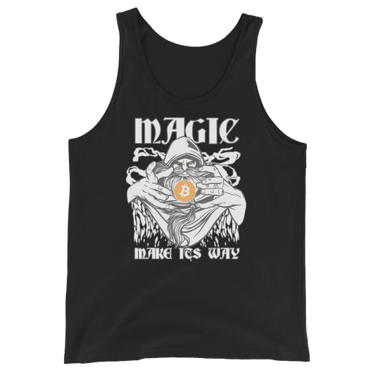 Front view of a black bitcoin tank top.