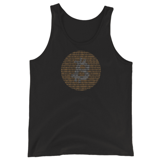 Front view of a black bitcoin tank top.