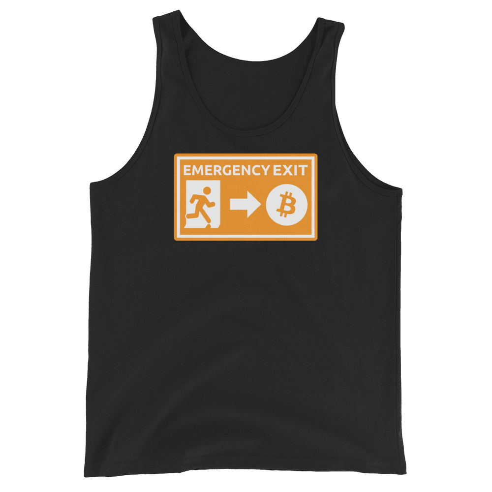 Front view of a black bitcoin tank top.