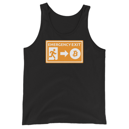Front view of a black bitcoin tank top.