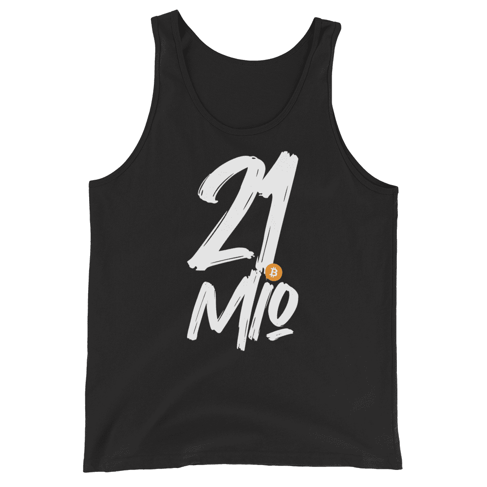 Front view of a black bitcoin tank top.
