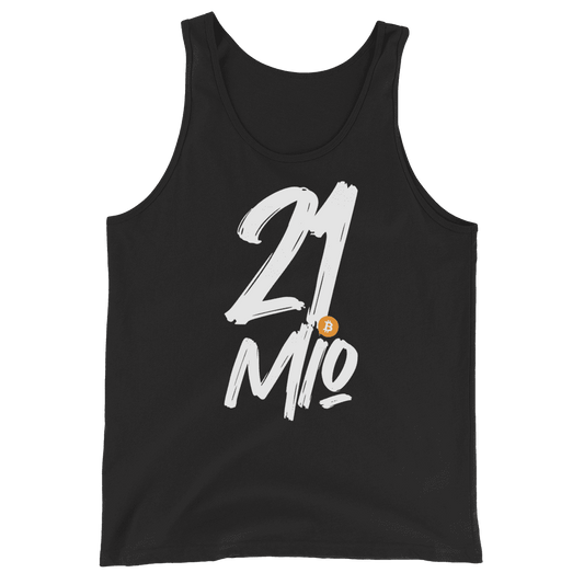 Front view of a black bitcoin tank top.