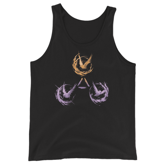 Front view of a black bitcoin tank top.