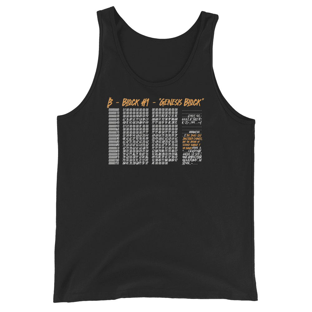 Front view of a black bitcoin tank top.