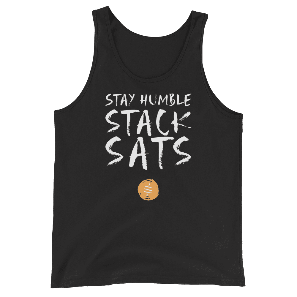 Front view of a black bitcoin tank top.