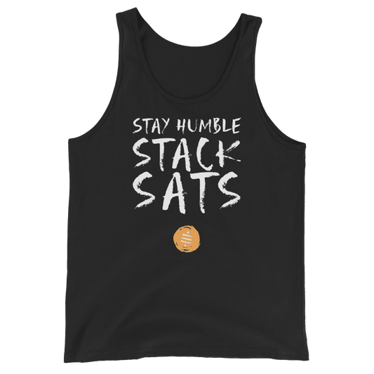 Front view of a black bitcoin tank top.