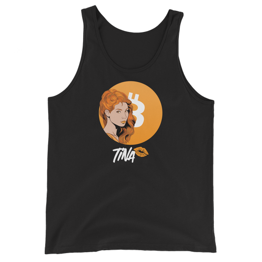 Front view of a black bitcoin tank top.
